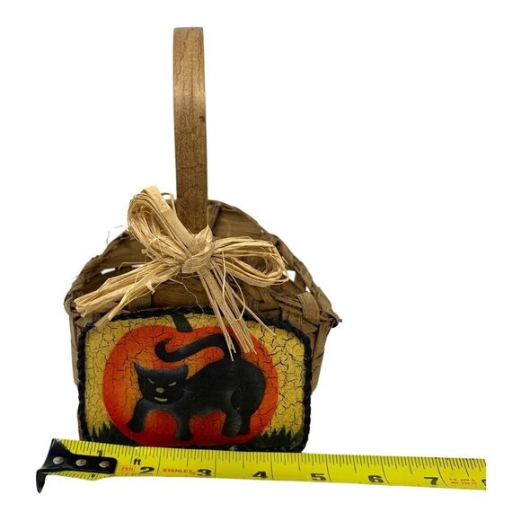 Halloween Vintage Woven Basket Black Cat Pumpkin Design Rustic Bow Handcrafted - Picture 7 of 9